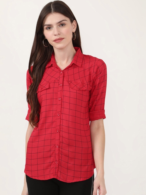 

V2 Value & Variety Women Red Windowpane Checks Opaque Casual Shirt