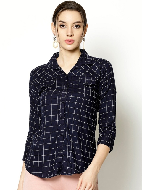

V2 Value & Variety Women Navy Blue Windowpane Checks Opaque Casual Shirt