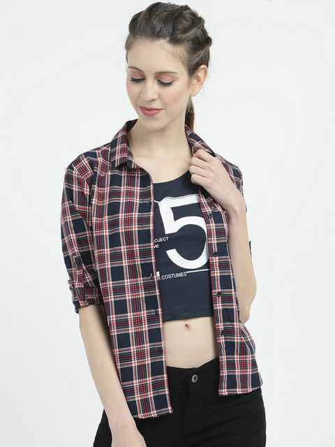 

V2 Value & Variety Women Navy Blue Tartan Checks Opaque Casual Shirt