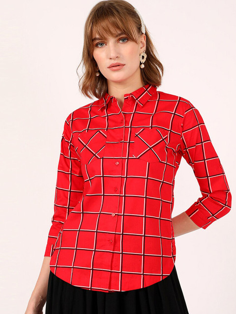

V2 Value & Variety Women Red Windowpane Checks Opaque Casual Shirt