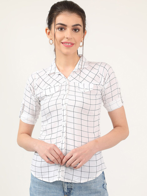 

V2 Value & Variety Women White Windowpane Checks Opaque Casual Shirt