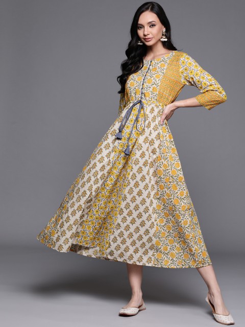 

PINKSKY Yellow & Cream-Coloured Floral Pure Cotton Handloom A-Line Dress
