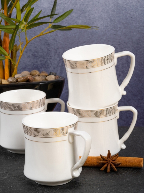

White Gold White & Gold-Toned Set Of 6 Geometric Printed Porcelain Glossy Mugs