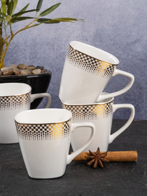 

White Gold Set Of 6 White & Gold-Toned Geometric Printed Porcelain Glossy Cups