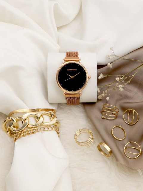 

JOKER & WITCH Women Black & Gold-Toned Shimmer Love Triangle Watch Gift Set JWLT389
