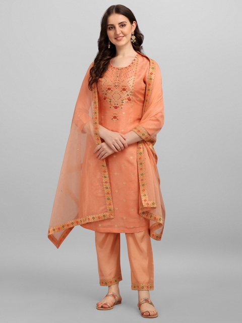 

Seerat Women Orange & Gold Floral Regular Pure Silk Kurta with Trousers & With Dupatta