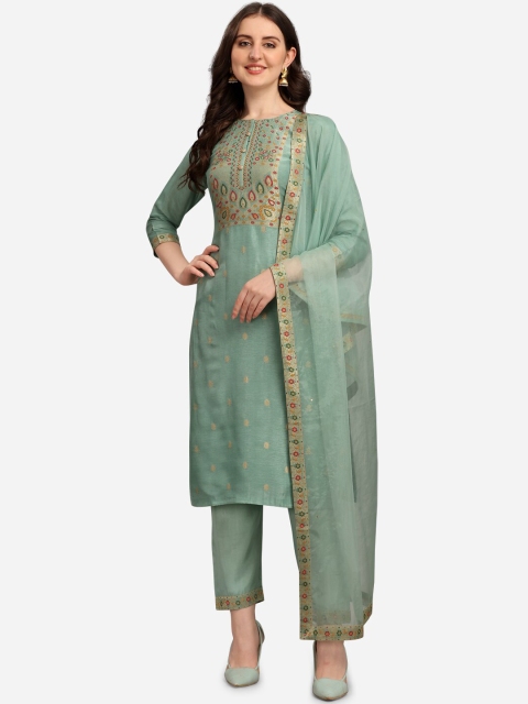 

Seerat Women Green Ethnic Motifs Regular Pure Silk Jacquard Kurta with Trousers