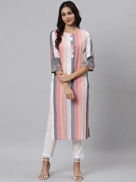 

Os Women Multicoloured Striped Keyhole Neck Flared Sleeves Thread Work Kurta, Multi