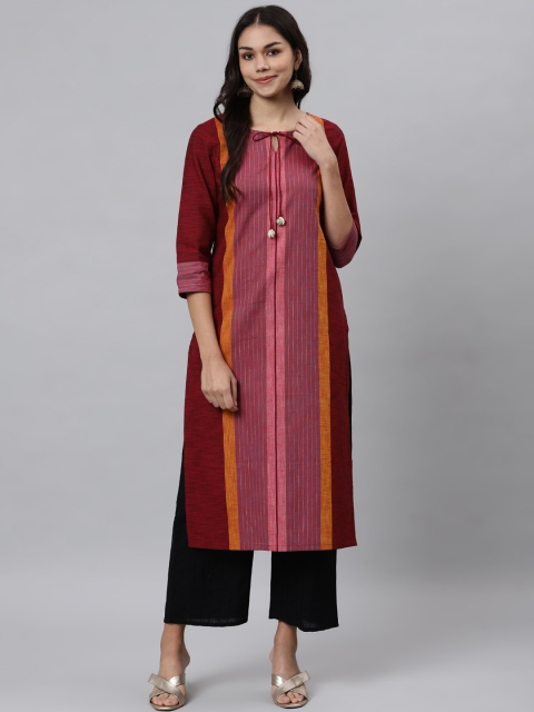 

Os Women Multicoloured Colourblocked Keyhole Neck Thread Work Kurta, Multi