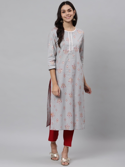 

Os Women Grey Ethnic Motifs Printed Cotton Kurta