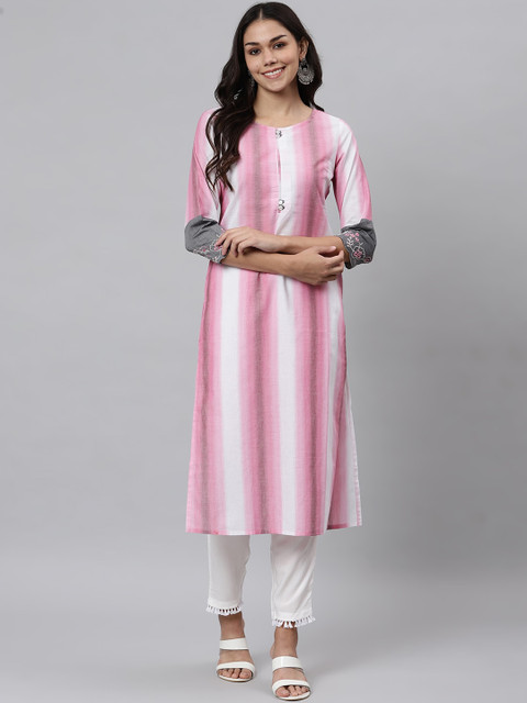 

Os Women Pink & White Striped Kurta