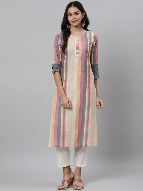 

Os Women Beige & Pink Striped Keyhole Neck Thread Work Cotton Kurta