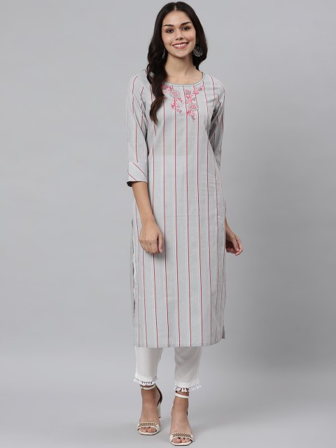 

Os Women Multicoloured Striped Thread Work Kurta, Multi
