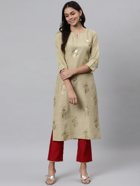 

Os Women Beige & Gold-Toned Ethnic Motifs Printed Keyhole Neck Kurta
