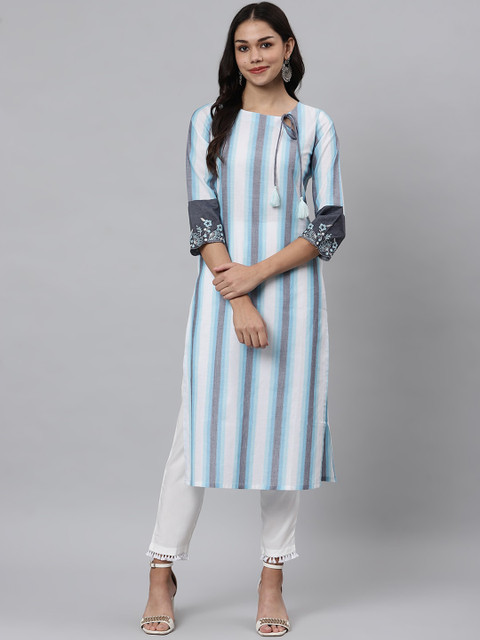 

Os Women Blue & Grey Striped Thread Work Kurta
