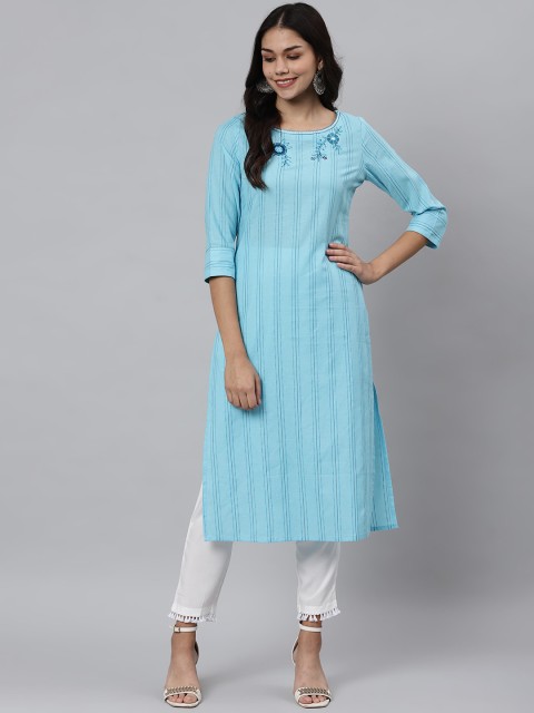 

Os Women Blue Striped Thread Work Kurta