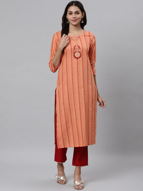 

Os Women Orange Striped Thread Work Kurta