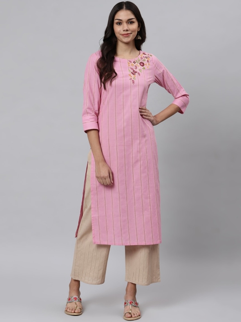 

Os Women Pink Striped Thread Work Kurta