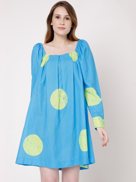 

Vero Moda Women Blue & Green Geometric Printed Cotton A-Line Dress