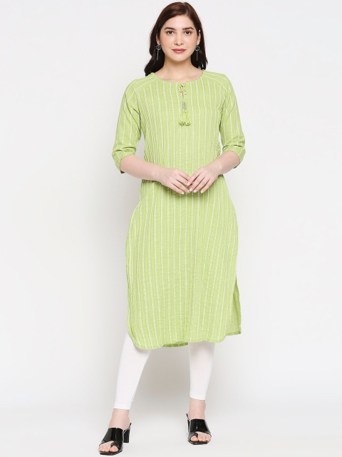 

INDYES Women Lime Green & White Striped Kurta