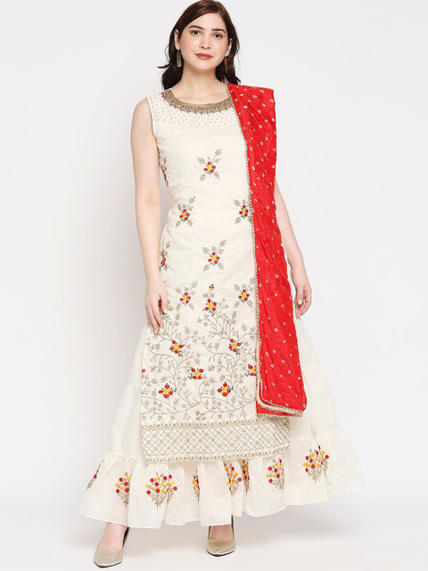 

INDYES Women Cream-Coloured & Red Floral Embroidered White Romance Chanderi Silk Chanderi Silk Kurta