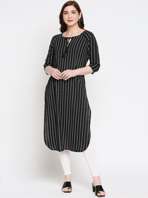 

INDYES Women Black Striped Keyhole Neck Thread Work Block Print Pathani Kurta
