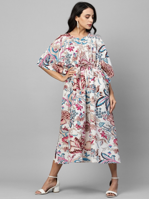 

FASHOR White & Blue Floral A-Line Kaftan Midi Dress