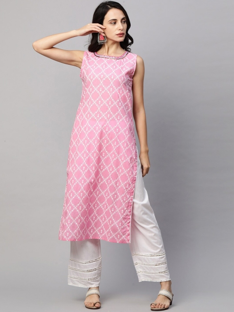 

FASHOR Women Pink Geometric Khari Printed Kurta