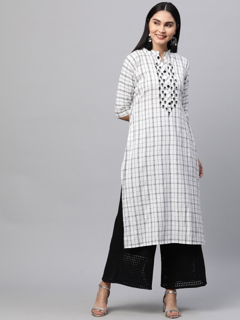 

FASHOR Women White & Black Checked Thread Work Kurta