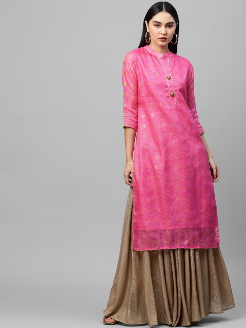 

FASHOR Women Pink Ethnic Motifs Foil Printed Kurta