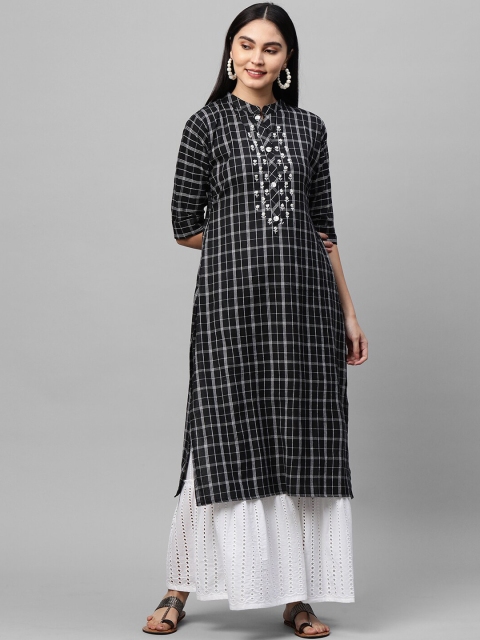 

FASHOR Women Black & White Checked Thread Work Kurta