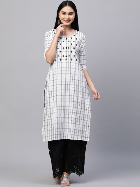 

FASHOR Women White Checked Thread Work Kurta