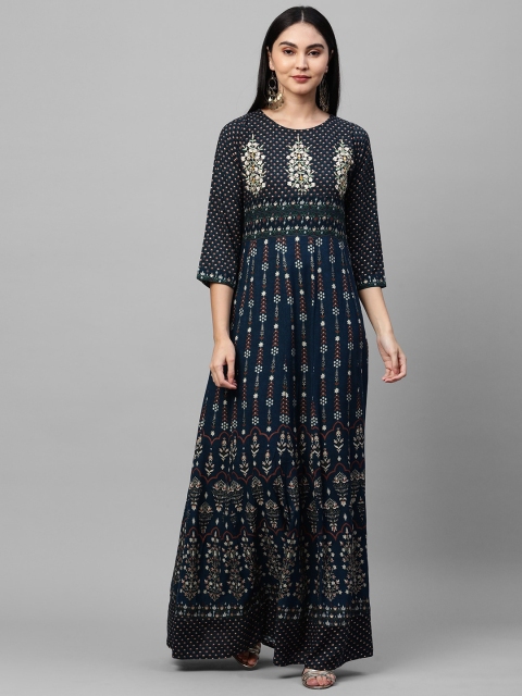 

FASHOR Navy Blue & White Ethnic Motifs Printed Maxi Dress