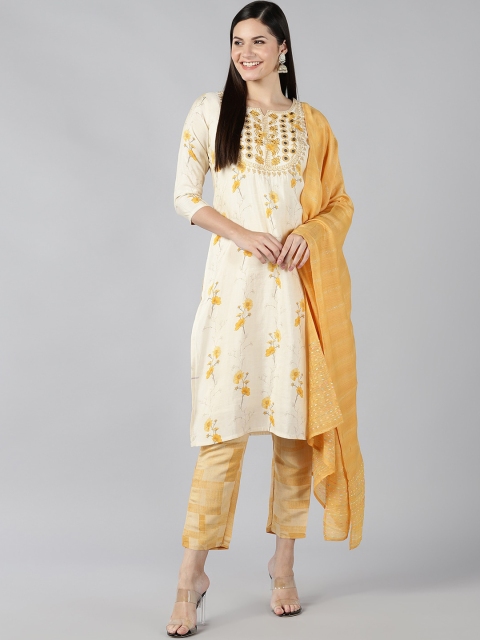 

Bani Women Cream-Coloured Floral Printed Regular Thread Work Chanderi Cotton Kurta with Trousers & With