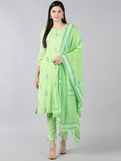 

Bani Women Green Floral Embroidered Regular Kurta with Trousers & With Dupatta