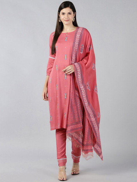 

Bani Women Pink Floral Embroidered Regular Kurta with Churidar & Dupatta