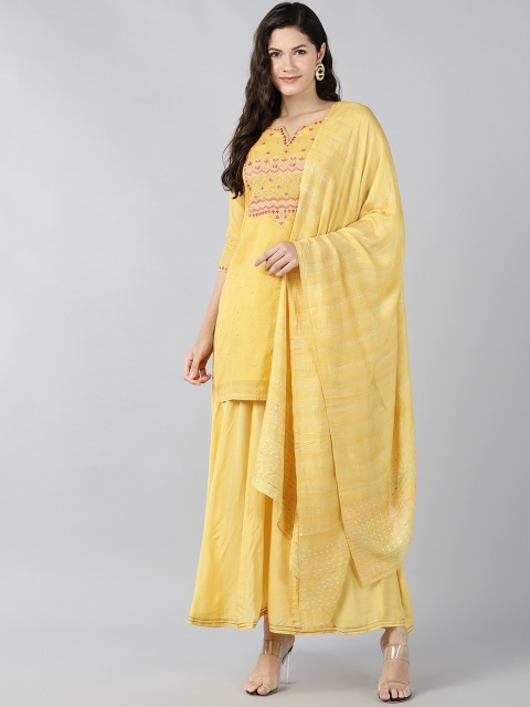 

Bani Women Yellow Ethnic Motifs Embroidered Cotton Kurta with Palazzos & With Dupatta