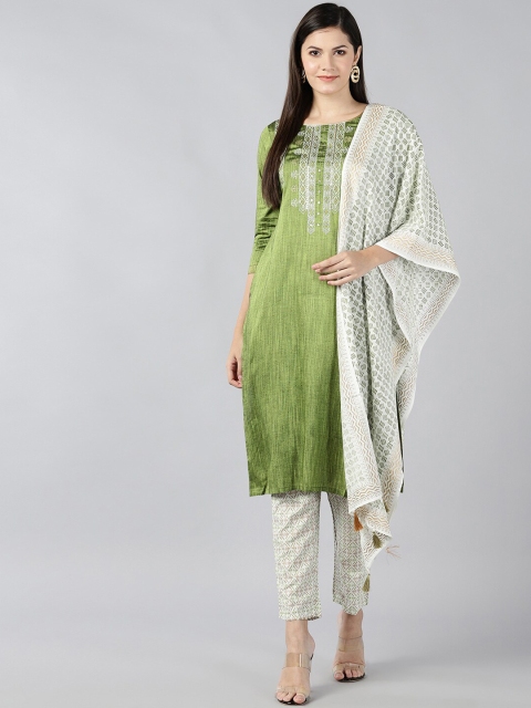 

Bani Women Green Embroidered Regular Kurta with Trousers & With Dupatta
