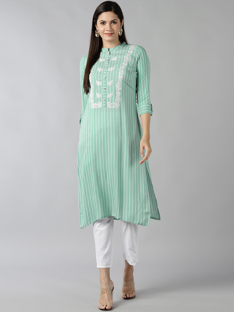 

Bani Women Green Striped Regular Thread Work Kurta with Trousers