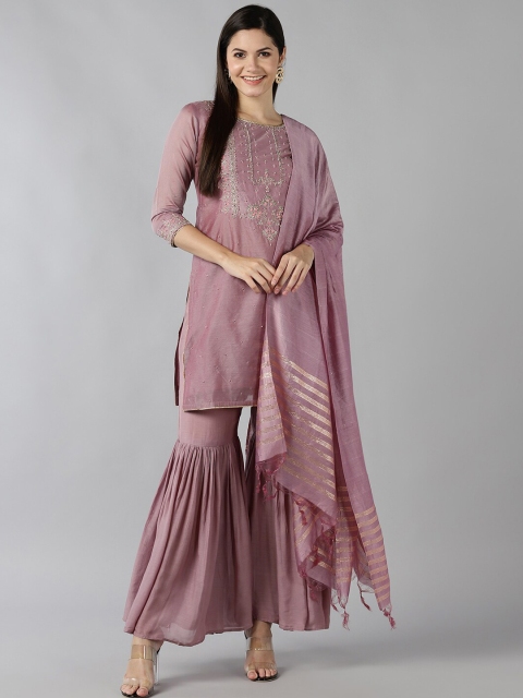 

Bani Women Purple Embroidered Regular Chanderi Cotton Kurta with Sharara & With Dupatta