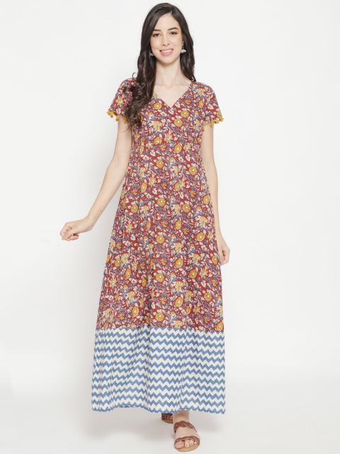 

Luni Maroon Floral Cotton Maxi Dress