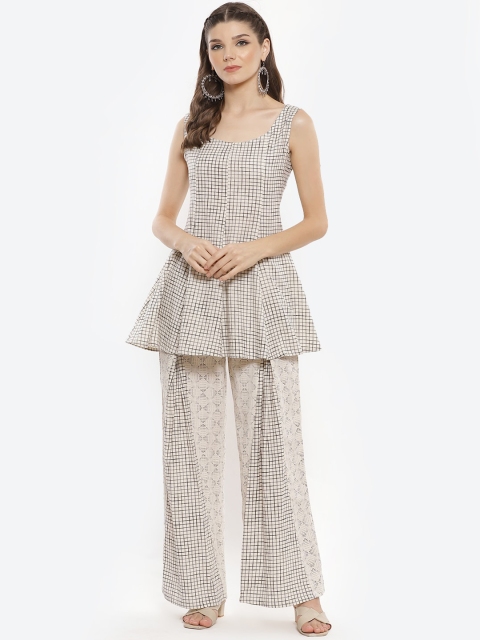 

Luni Women White Printed Pleated Pure Cotton Kurti with Palazzos