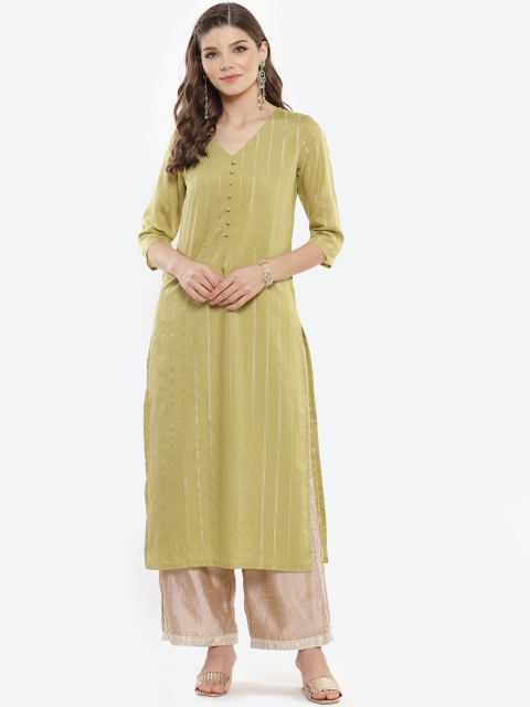 

Luni Women Olive Green Striped Kurta