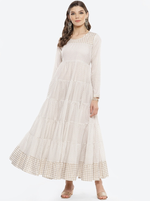

Luni Women Cream-Coloured Yoke Design Flared Sleeves Gotta Patti Anarkali Kurta