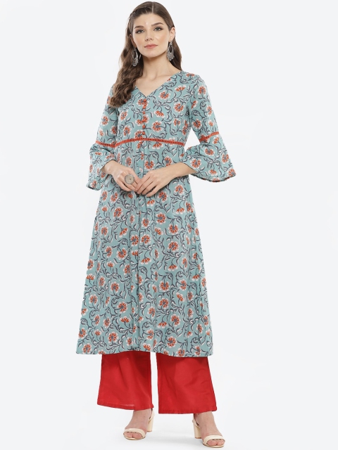 

Luni Women Green Floral Printed Regular Pure Cotton Kurta with Palazzos