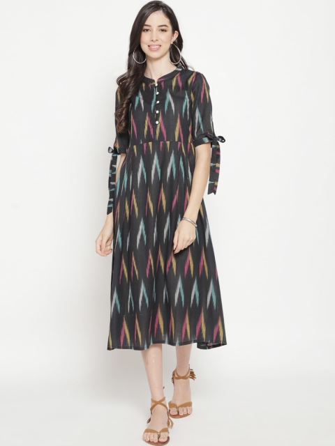 

Luni Women Black & Blue Ikat Printed Cotton Midi Dress