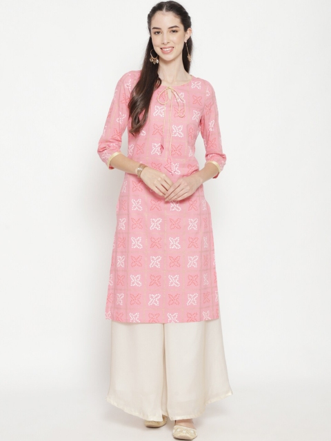 

Luni Women Pink & White Bandhani Printed Cotton Kurta