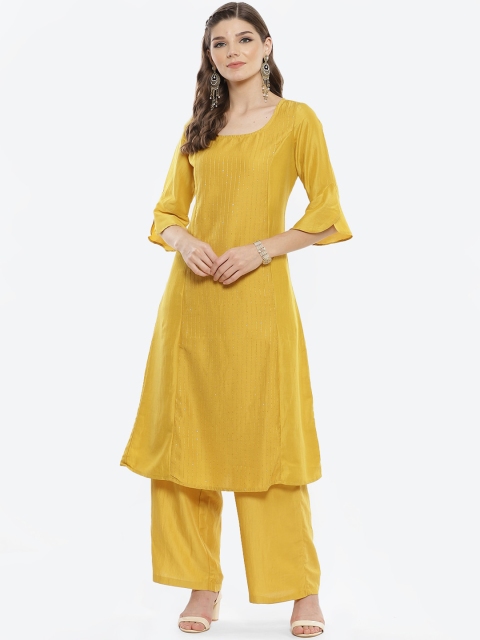 

Luni Women Mustard Yellow Striped Regular Sequinned Kurta with Palazzos