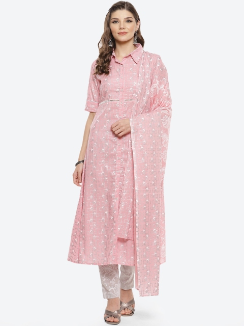 

Luni Women Pink Printed Regular Pure Cotton Kurta with Trousers & With Dupatta