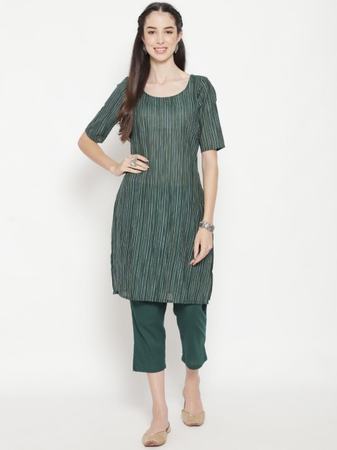 

Luni Women Green Striped Regular Pure Cotton Kurta with Trousers